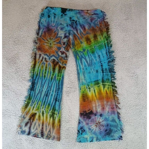 Gypsy Rose Tie Dye Wide Leg Size Large Pull On Hippie Fringe Tie Front - Picture 6 of 8